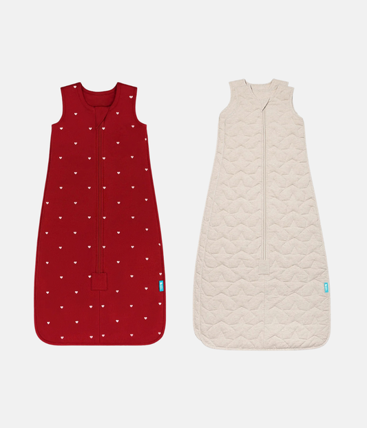 Pack saco de dormir | 1,5 | 2,5 TOG | Granate Corazones bordados | Natural jaspeado Estrella acolchada