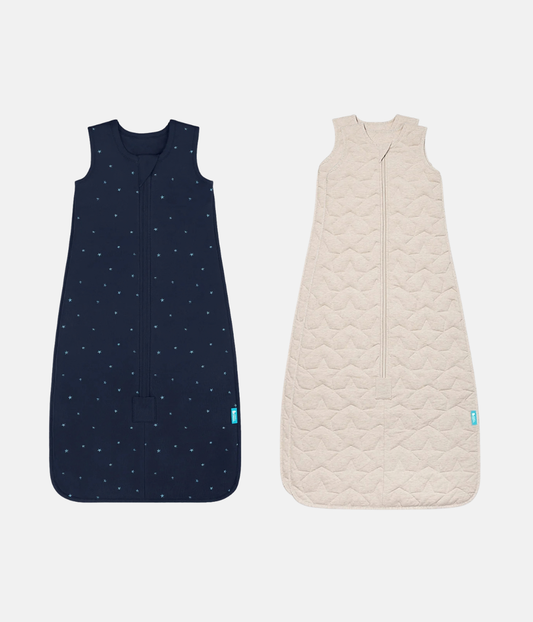 Pack saco de dormir | 1,5 | 2,5 TOG | Azul marino Estrella brillante bordada | Natural jaspeado Estrella acolchada
