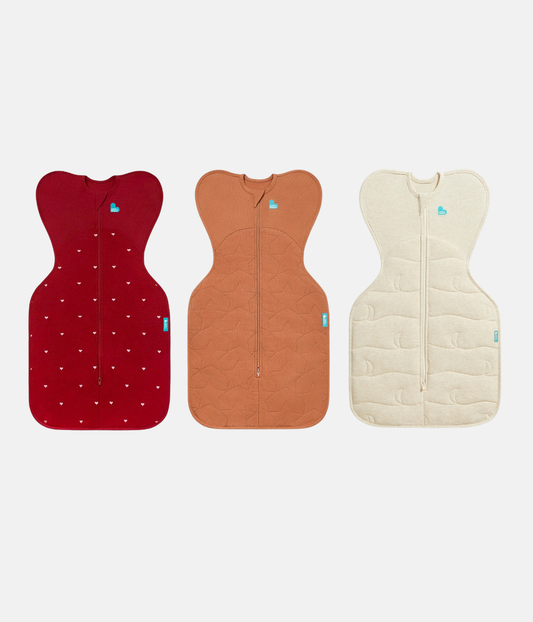 Pack de nacimiento Swaddle Up™ | 1,5 | 2,5 | 3,5 TOG | Granate Corazones bordados | Avellana Estrella acolchada | Natural jaspeado Luna acolchada